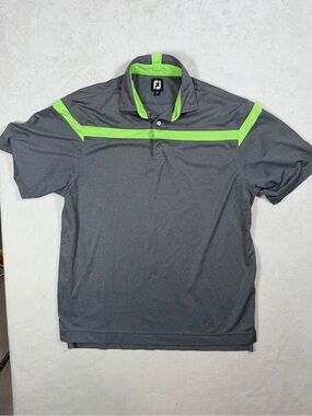 FootJoy FJ Large Pebble Beach Golf Links Gray Polo with Lime Green Stripe